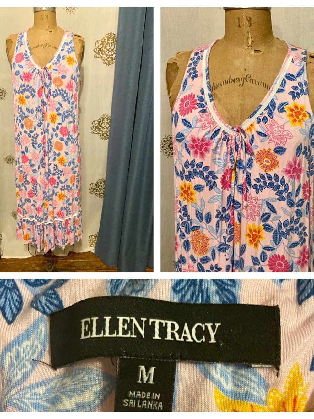 Ellen Tracy Midi Nightgown Shelf Bra Soft Stretch Pink Floral M Cottagecore  Ret